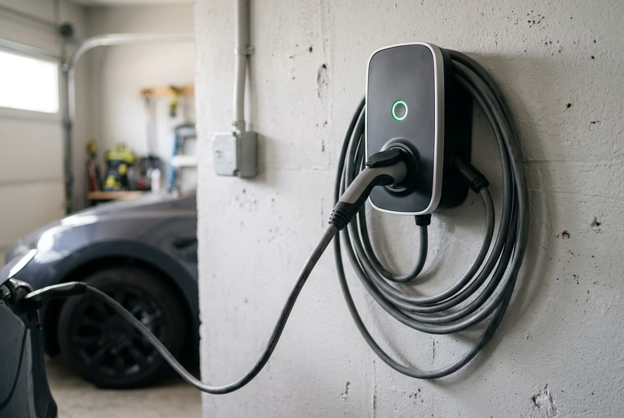 Borne de recharge murale installée dans un garage