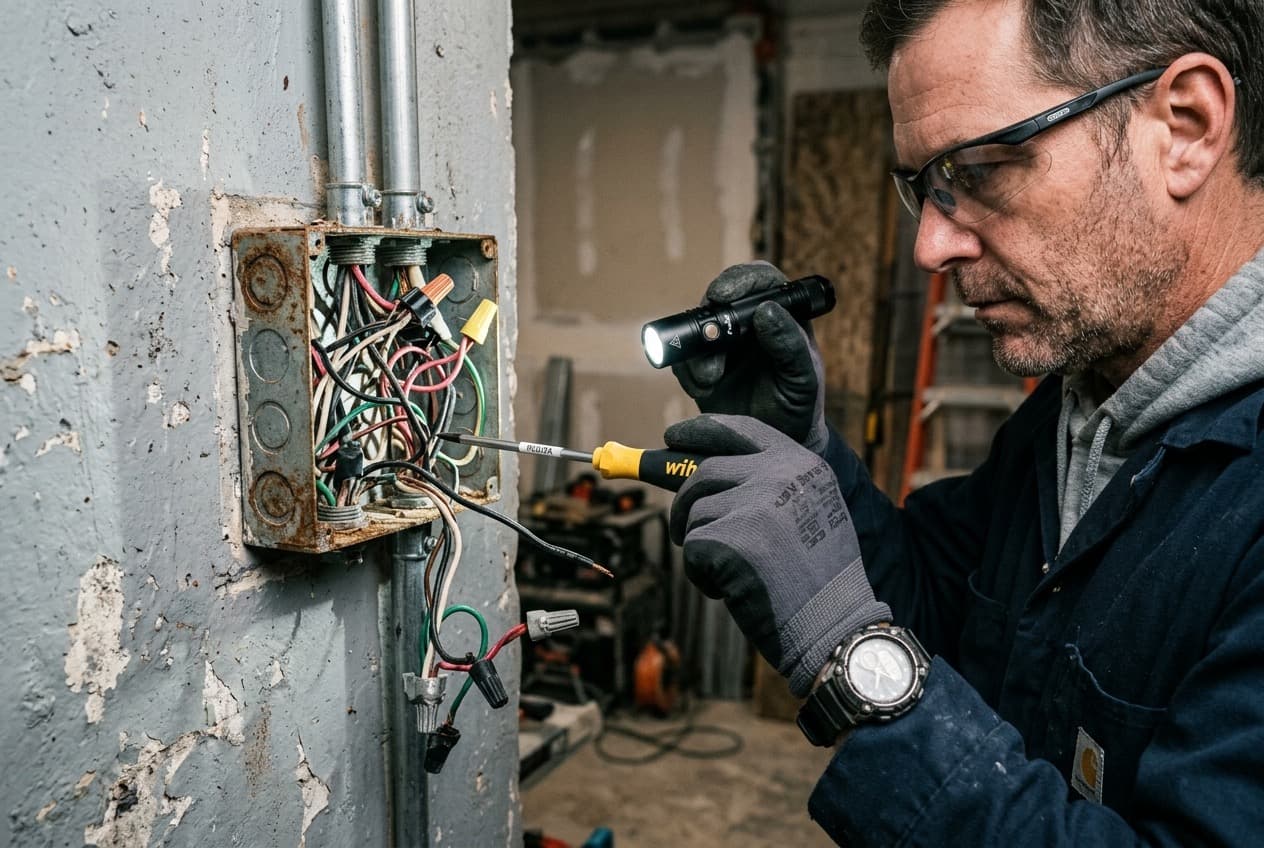 Électricien inspectant un circuit électrique dans un boîtier de dérivation