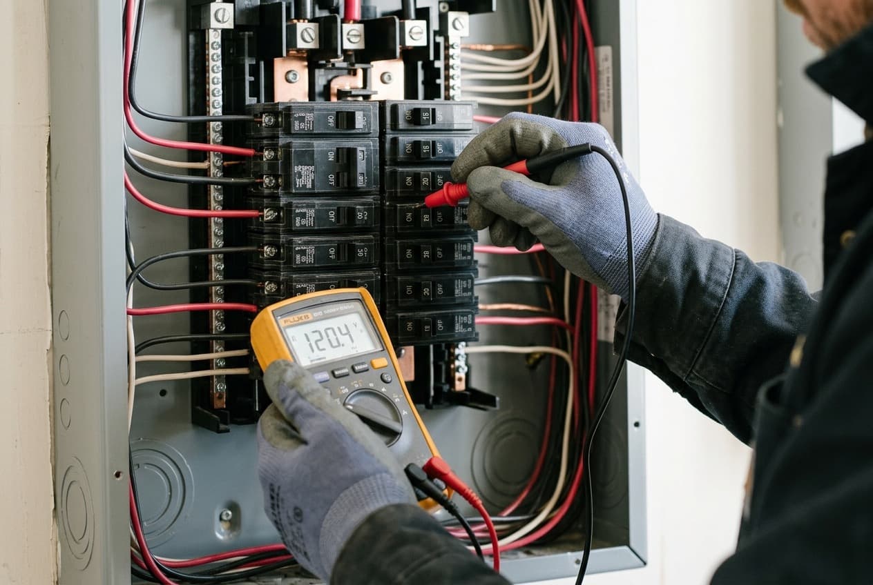 Électricien testant un tableau électrique avec un multimètre