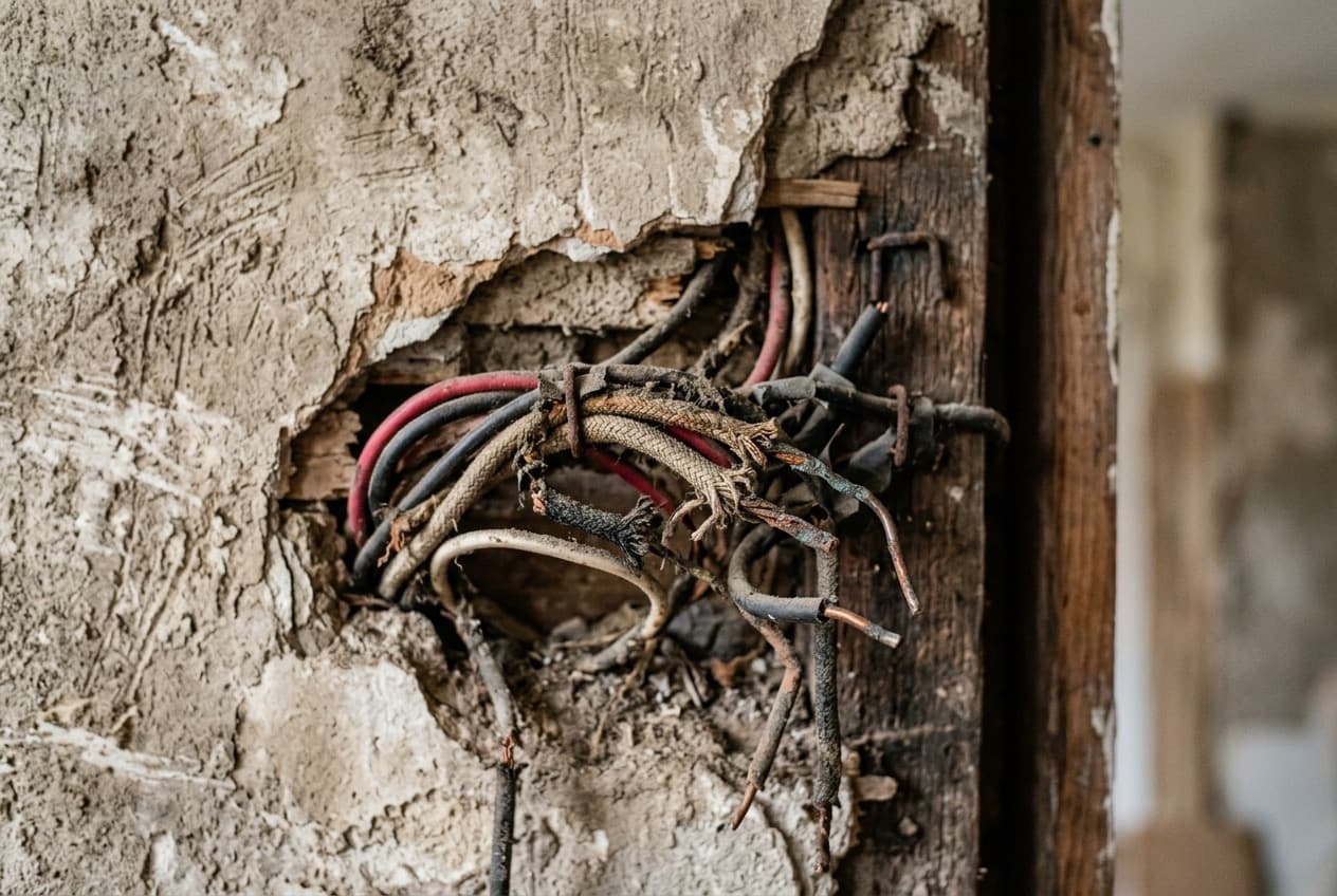 Câblage électrique ancien apparent dans un mur