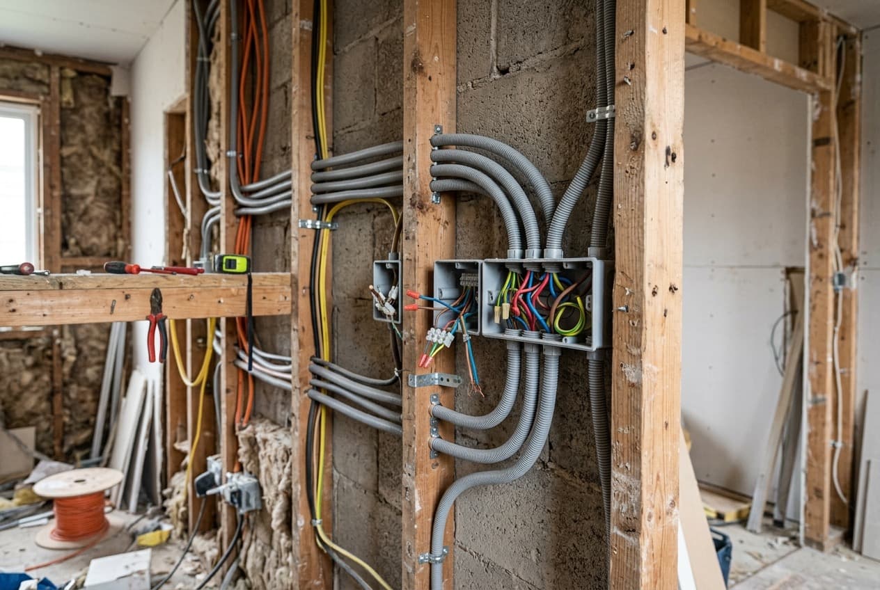 Gaines électriques posées avant reprise d'un mur