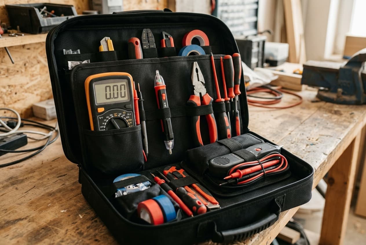 Mallette d'outils d'électricien : multimètre, pince ampèremétrique, testeur