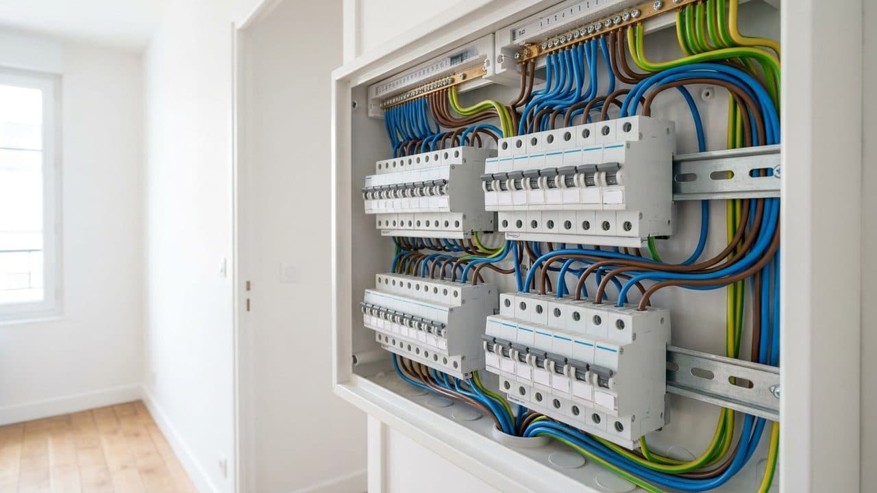 Tableau électrique d'appartement capot retiré, quatre rangées de disjoncteurs blancs sur rail