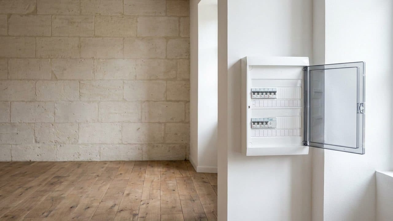 Tableau électrique moderne installé dans une maison de ville ancienne rénovée, murs de pierre et enduits restaurés
