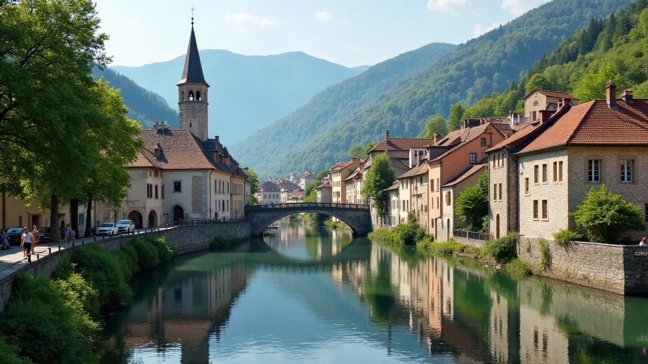 Vieilles maisons aux toits de tuiles au bord de l'eau, clocher et pont de pierre, au pied des montagnes