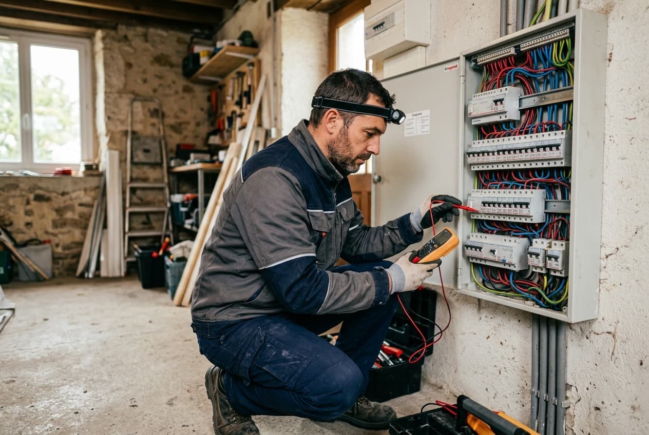 Électricien testant un tableau électrique dans une maison individuelle