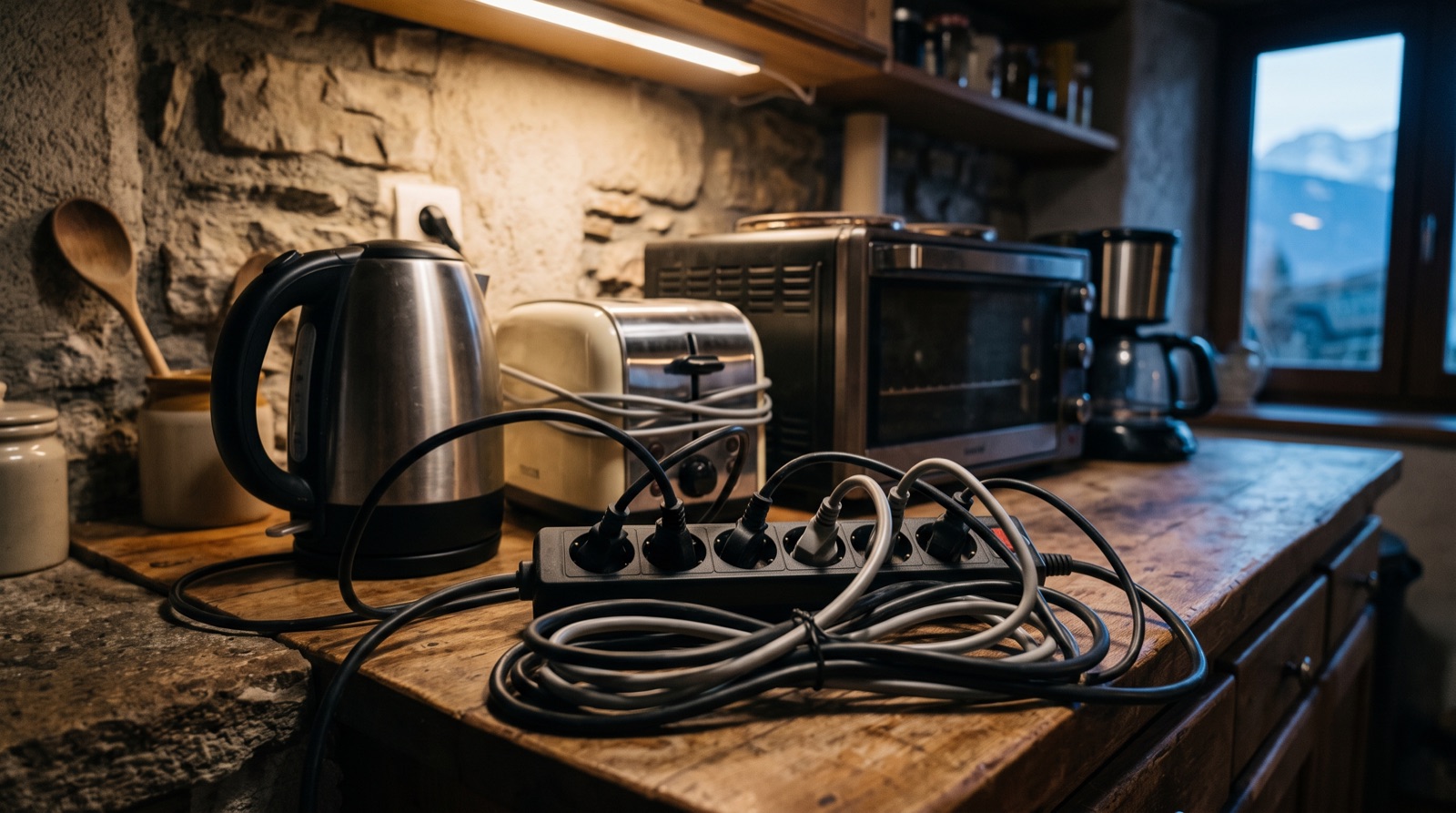 Plusieurs appareils électroménagers puissants branchés simultanément sur une même multiprise dans une cuisine, cause fréquente de surcharge
