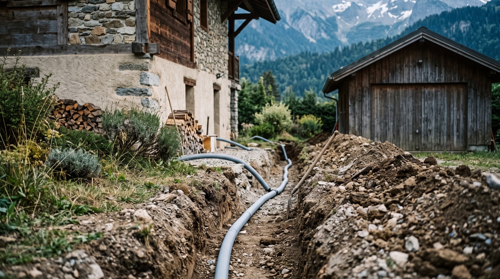 Tranchée avec gaine électrique enterrée reliant une maison ancienne à un garage indépendant en Haute-Savoie