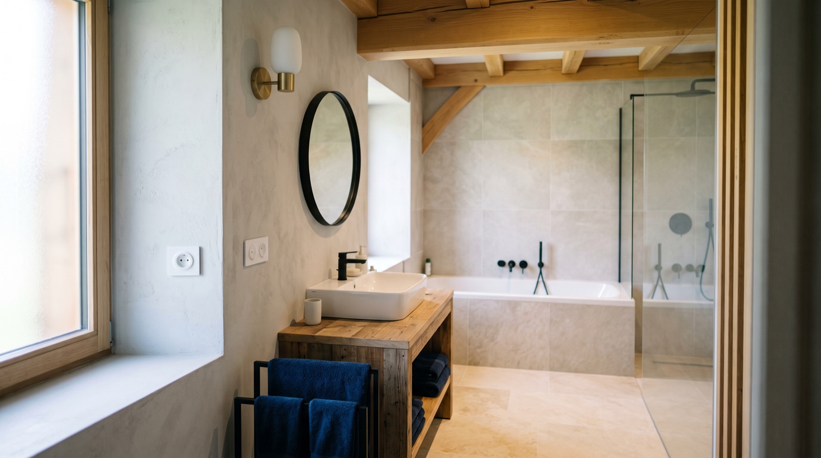 Prise électrique et applique murale installées à distance de la baignoire dans une salle de bain, hors des zones de sécurité