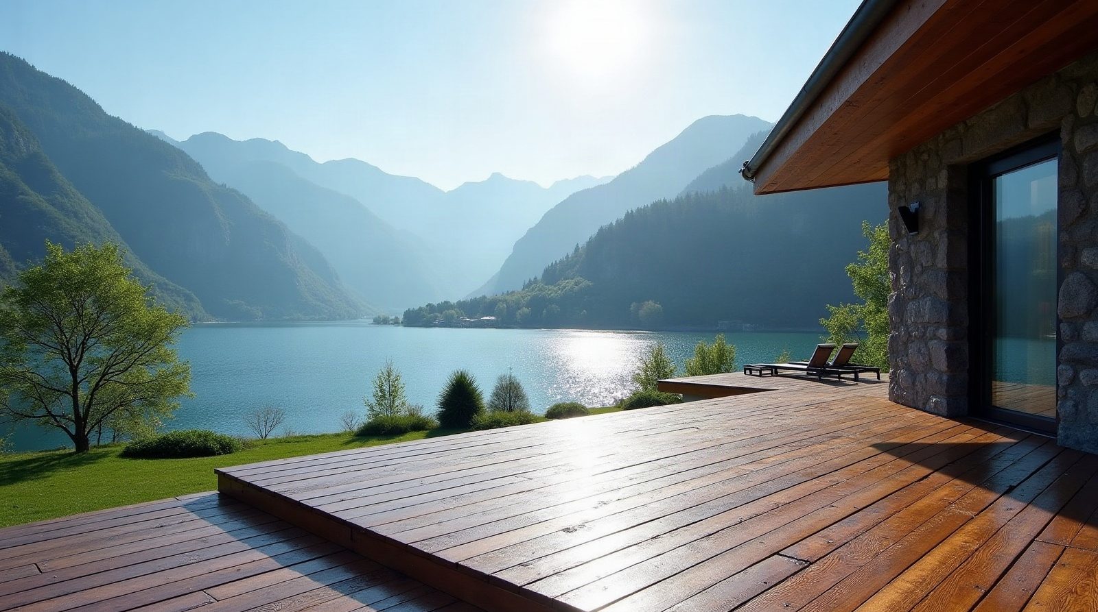 Terrasse en bois encore mouillée après la pluie, ciel dégagé sur un lac de montagne