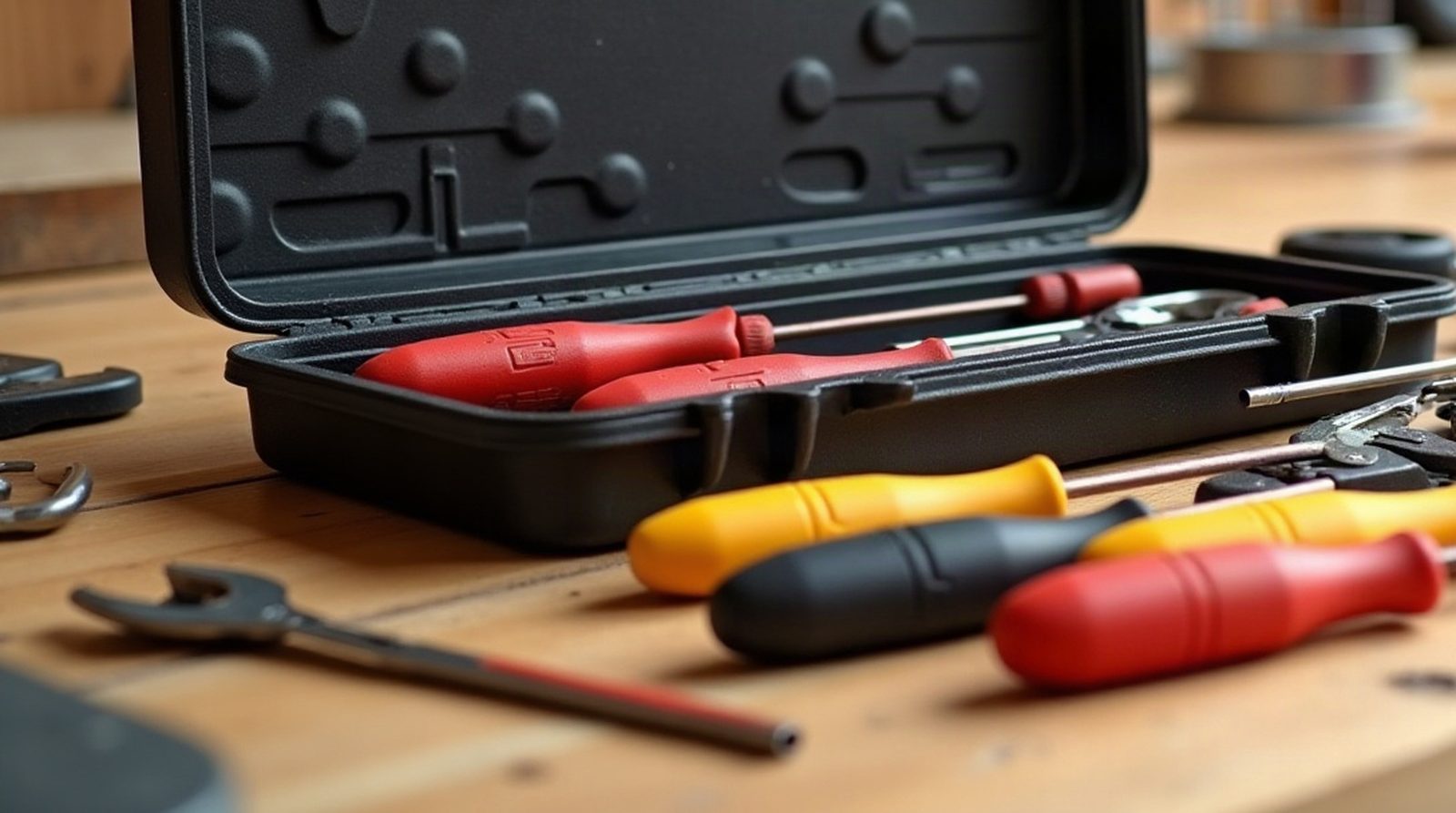 Mallette d'outils ouverte sur un établi en bois, tournevis isolés rouges, jaunes et noirs
