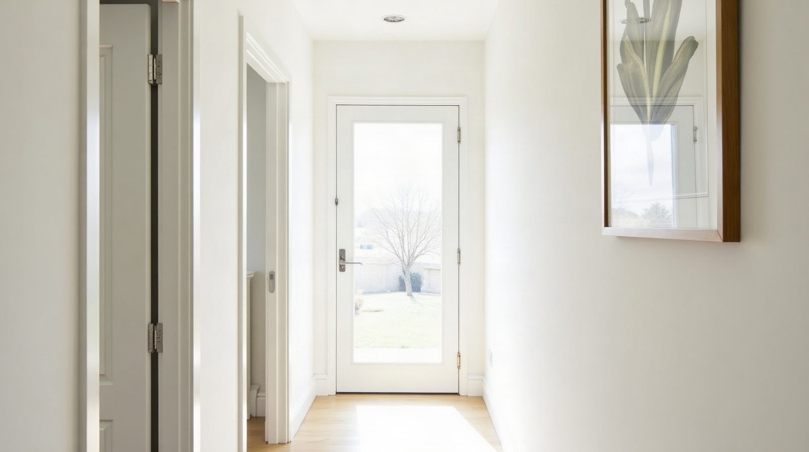 Couloir lumineux aux murs blancs intacts, porte vitrée ouverte sur le jardin
