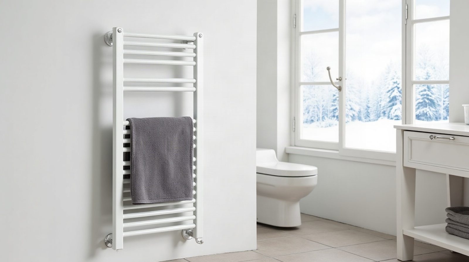 Sèche-serviettes électrique blanc avec une serviette grise, fenêtre sur un paysage enneigé