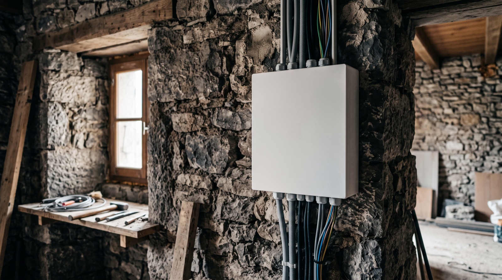 Tableau électrique neuf installé sur un mur en pierre lors de la rénovation d'une maison ancienne près d'Annecy