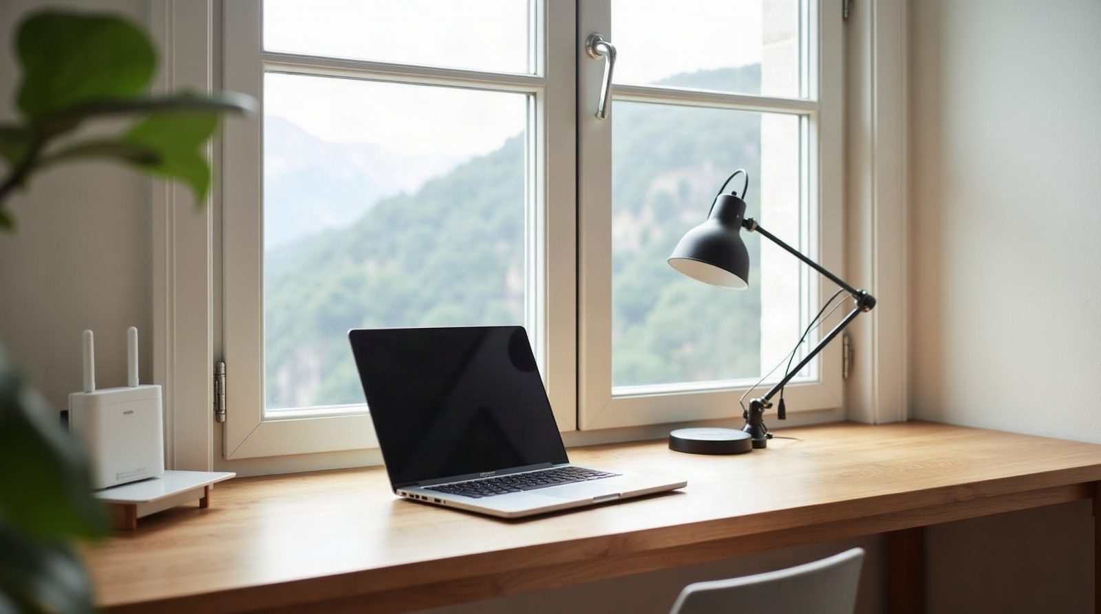 Bureau en chêne devant une fenêtre, ordinateur portable, lampe et box internet rangée