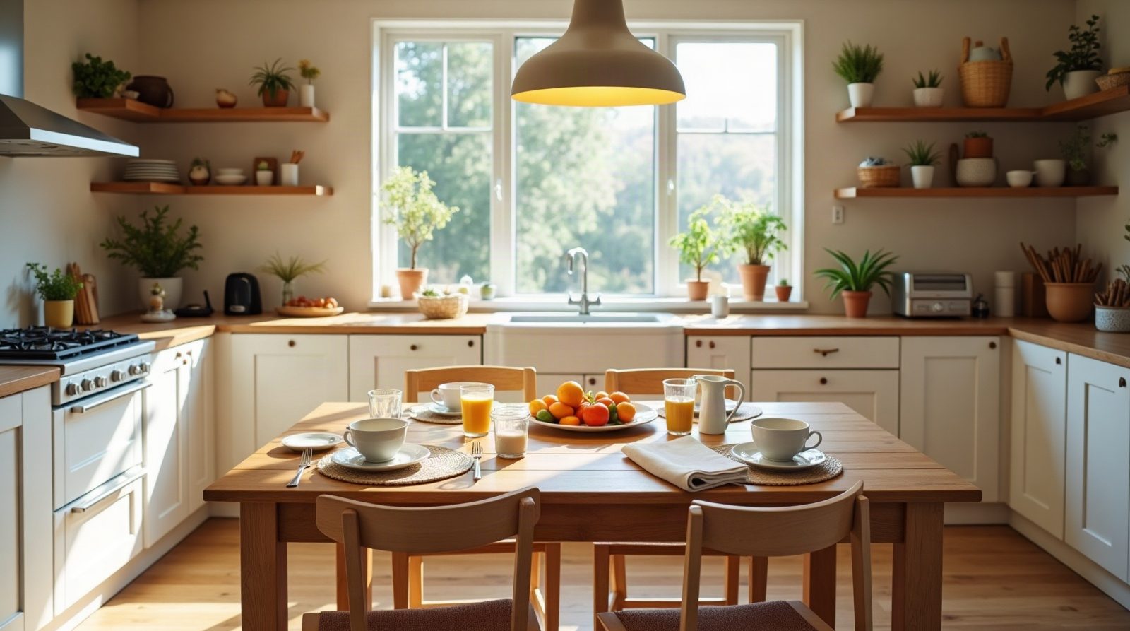 Cuisine familiale au petit-déjeuner, table en bois, suspension et grande fenêtre ensoleillée